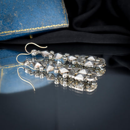 Antique Boxed Old Cut Paste Gold and Silver Drop Earrings