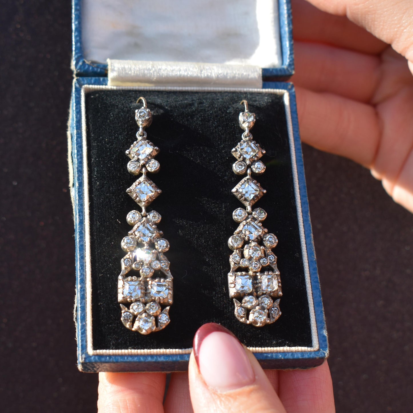 Antique Boxed Old Cut Paste Gold and Silver Drop Earrings