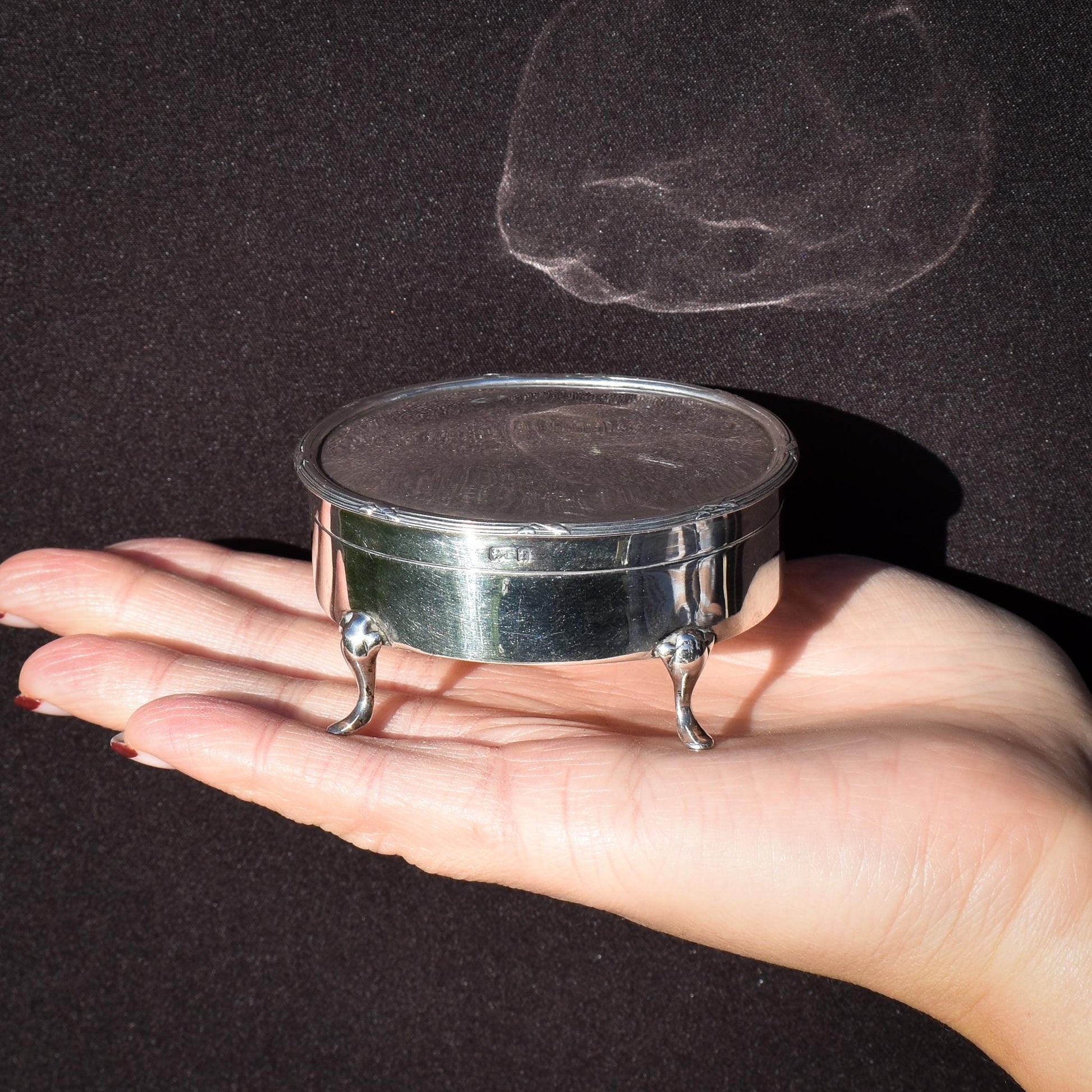 Antique Birmingham 1905 Hallmarked Sterling Silver Oval Jewellery Trinket Box