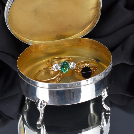 Antique Birmingham 1905 Hallmarked Sterling Silver Oval Jewellery Trinket Box