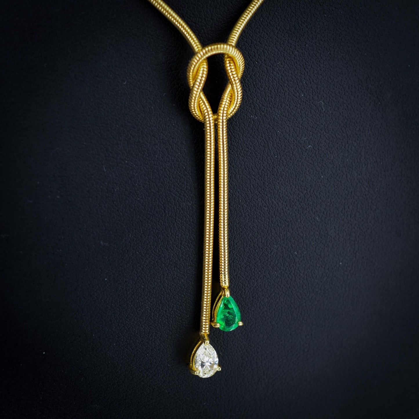 Emerald and Diamond Lariat Knot 18ct Gold Snake Chain Drop Necklace | 15.75"