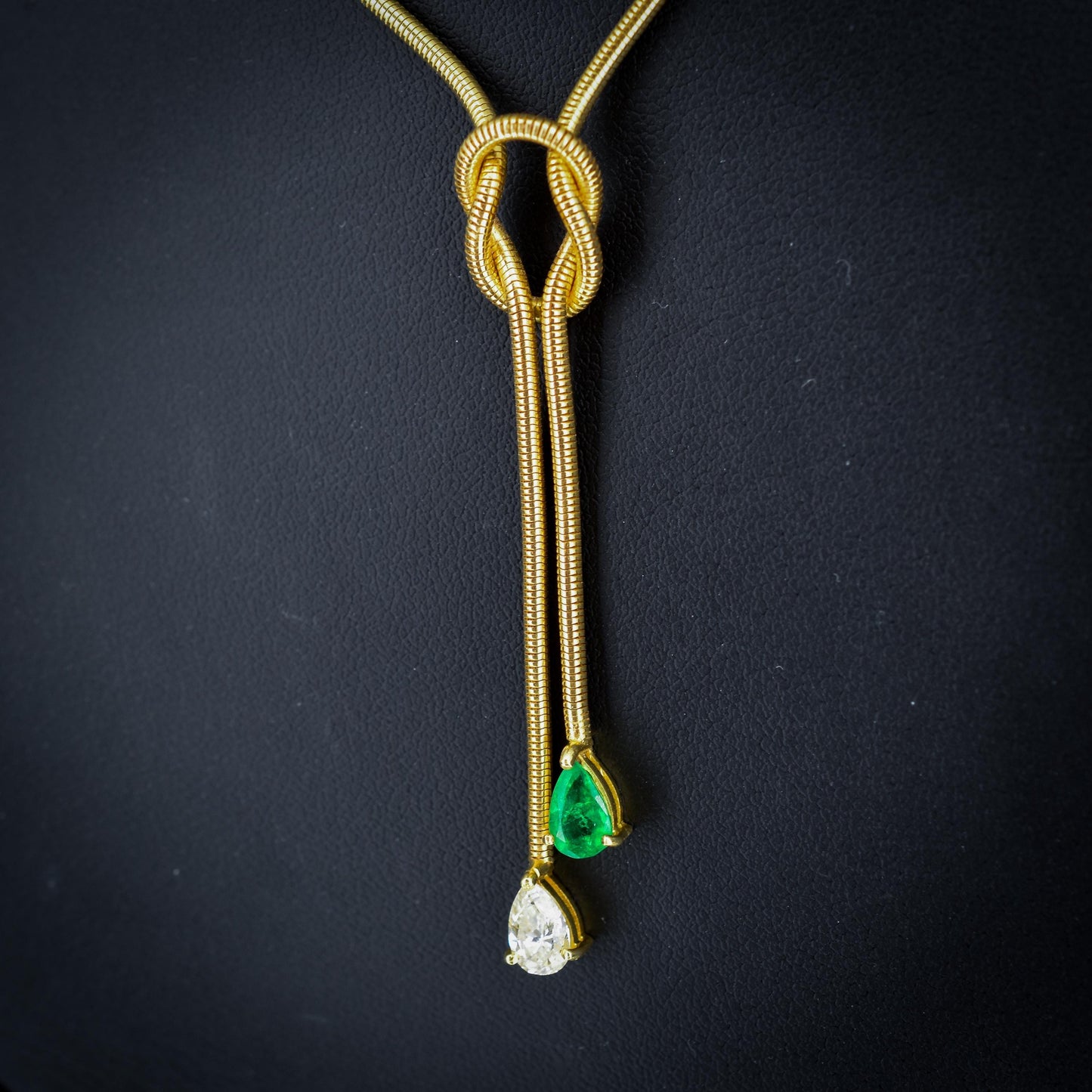 Emerald and Diamond Lariat Knot 18ct Gold Snake Chain Drop Necklace | 15.75"