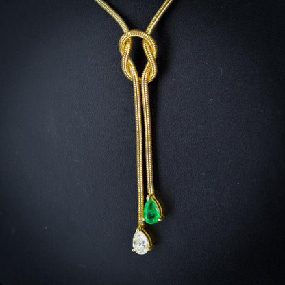 Emerald and Diamond Lariat Knot 18ct Gold Snake Chain Drop Necklace | 15.75"