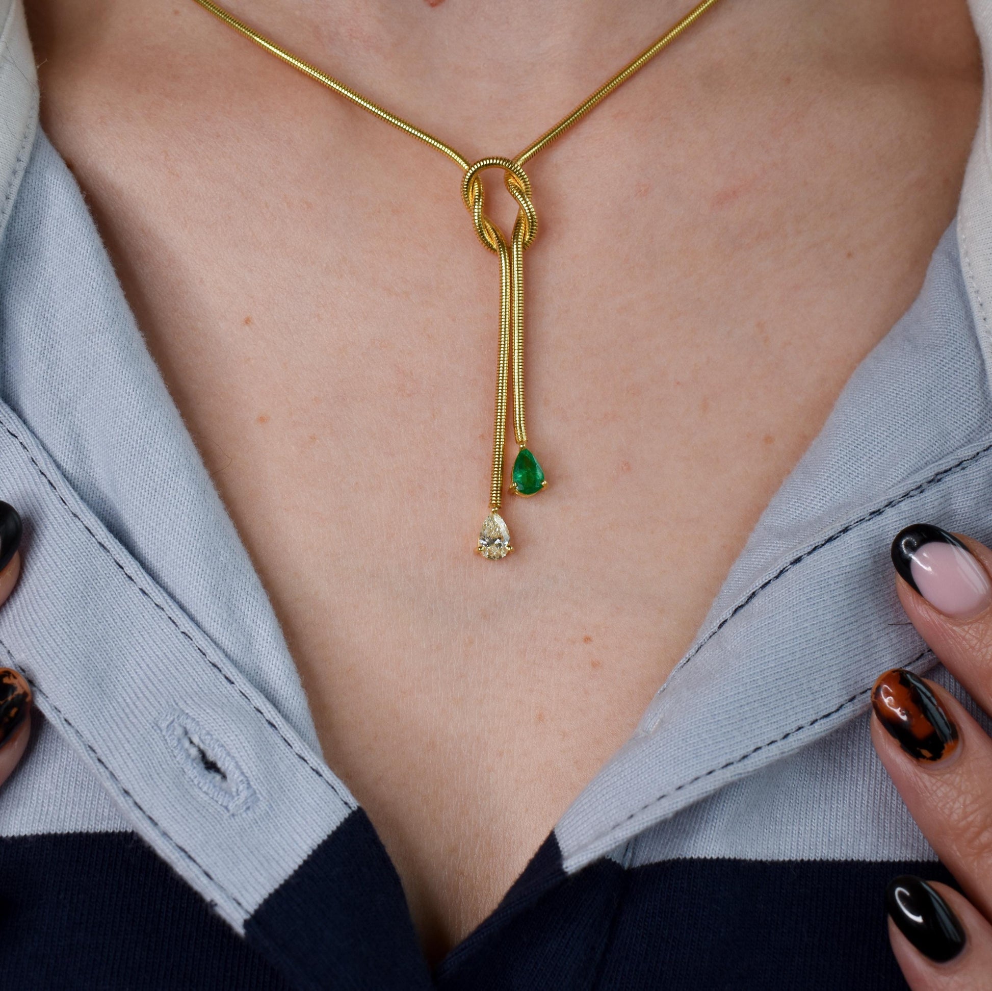 Emerald and Diamond Lariat Knot 18ct Gold Snake Chain Drop Necklace | 15.75"