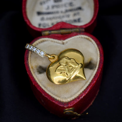 Vintage Diamond Cherub 9ct Gold Heart Pendant