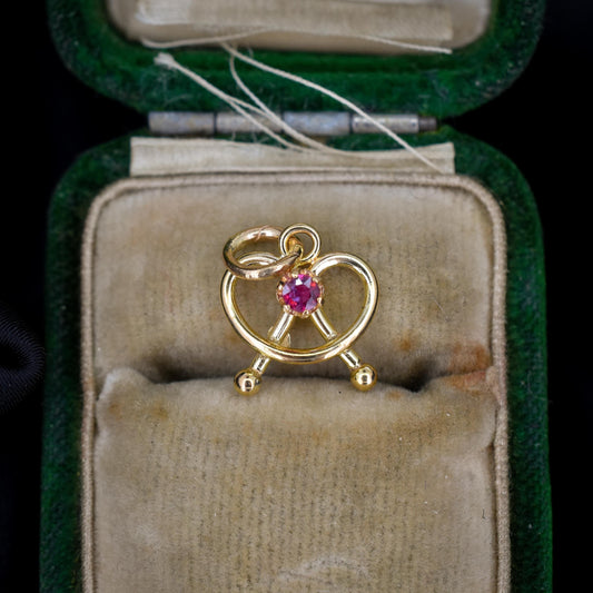 Antique Ruby 9ct Gold Pretzel Heart Charm Pendant