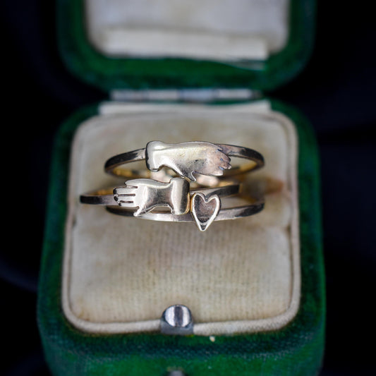 Vintage Love Heart Clasped Hand Fede Gimmel Puzzle 9ct Gold Ring