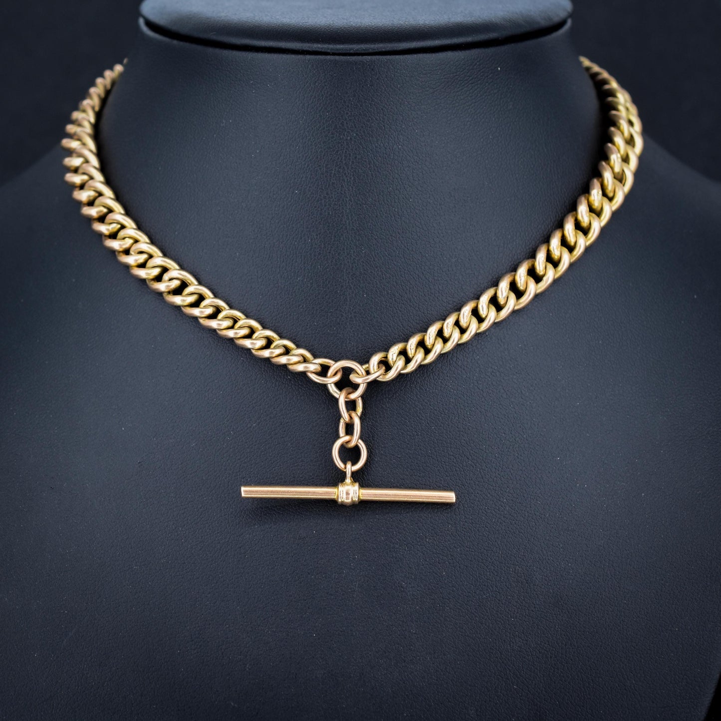 Antique 9ct Gold Graduated Curb Link Double Albert Watch Chain Necklace with T-bar - 14"