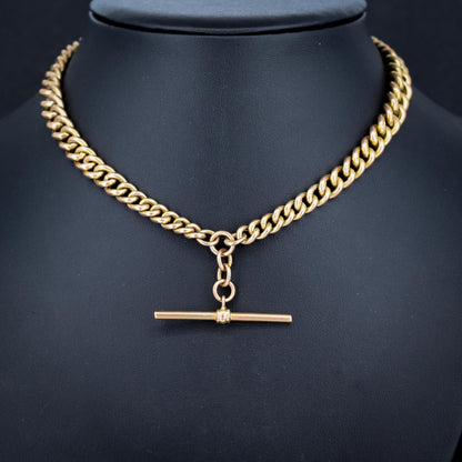 Antique 9ct Gold Graduated Curb Link Double Albert Watch Chain Necklace with T-bar - 14"