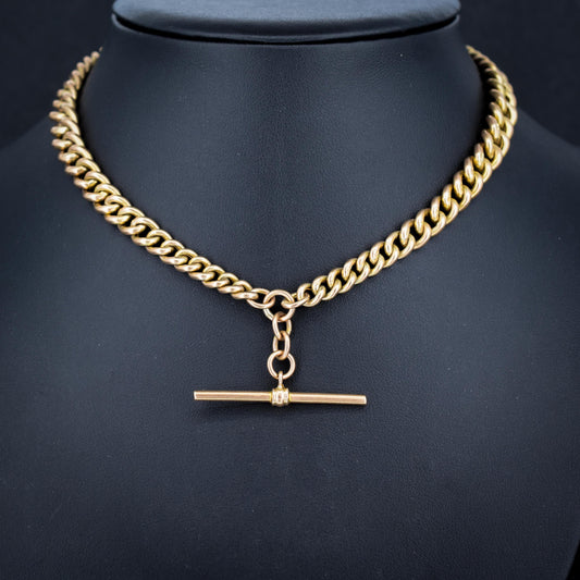 Antique 9ct Gold Graduated Curb Link Double Albert Watch Chain Necklace with T-bar - 14"