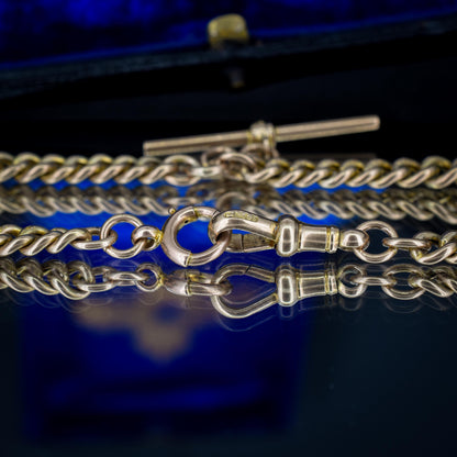 Antique 9ct Gold Graduated Curb Link Double Albert Watch Chain Necklace with T-bar - 14"