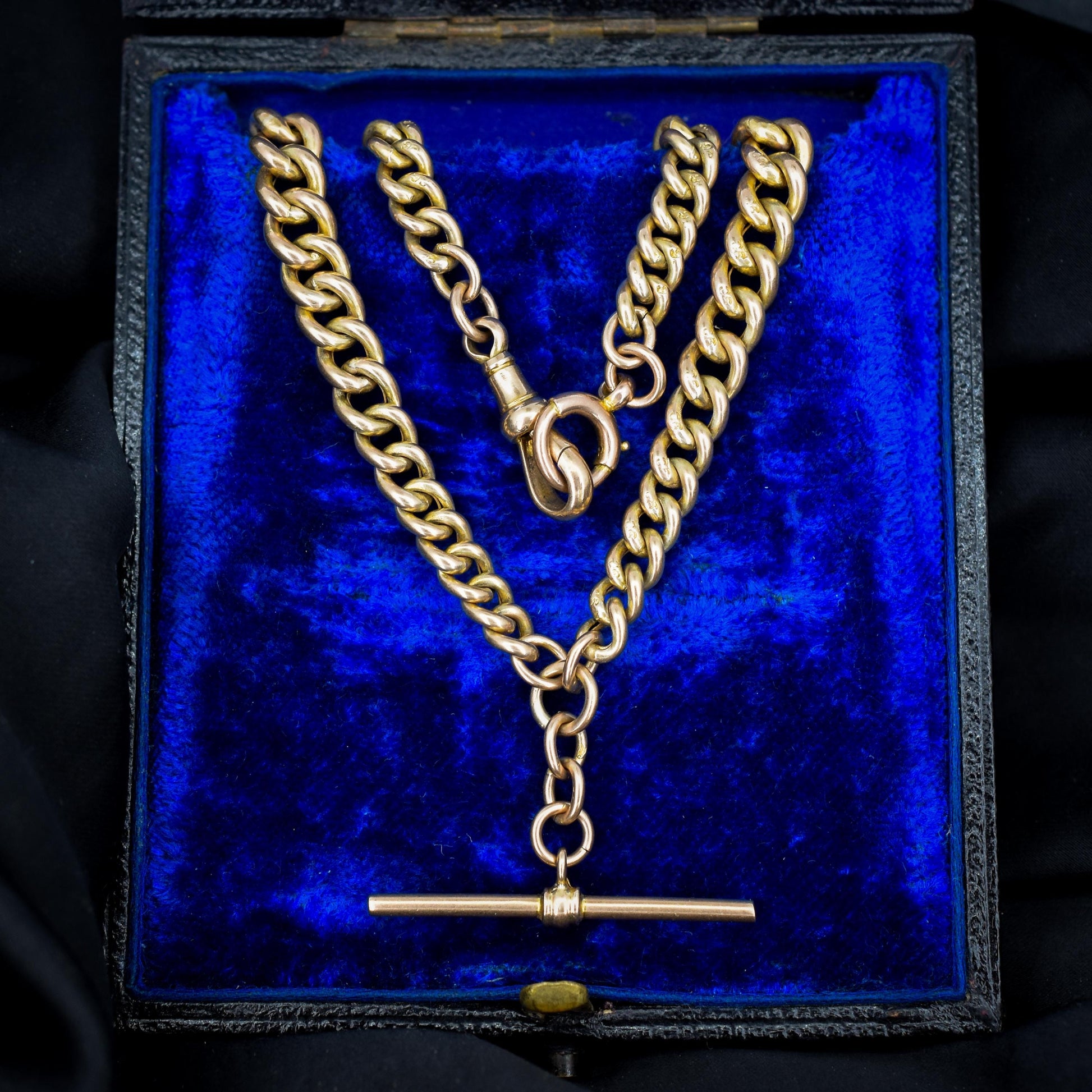 Antique 9ct Gold Graduated Curb Link Double Albert Watch Chain Necklace with T-bar - 14"