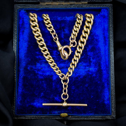 Antique 9ct Gold Graduated Curb Link Double Albert Watch Chain Necklace with T-bar - 14"