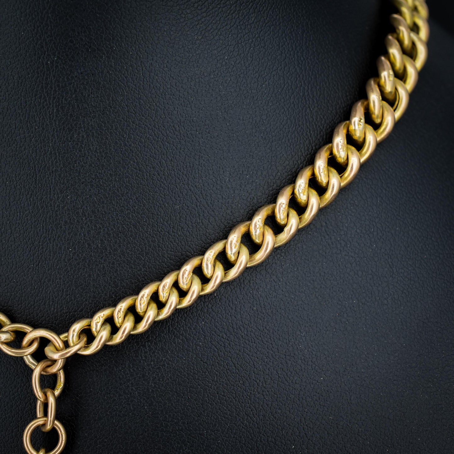 Antique 9ct Gold Graduated Curb Link Double Albert Watch Chain Necklace with T-bar - 14"