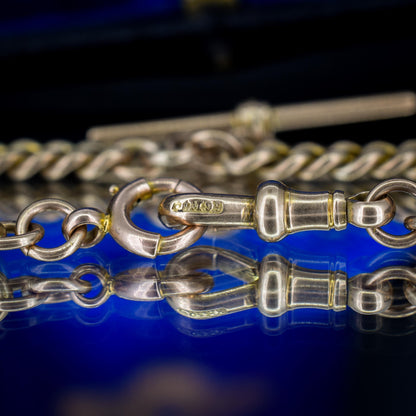 Antique 9ct Gold Graduated Curb Link Double Albert Watch Chain Necklace with T-bar - 14"