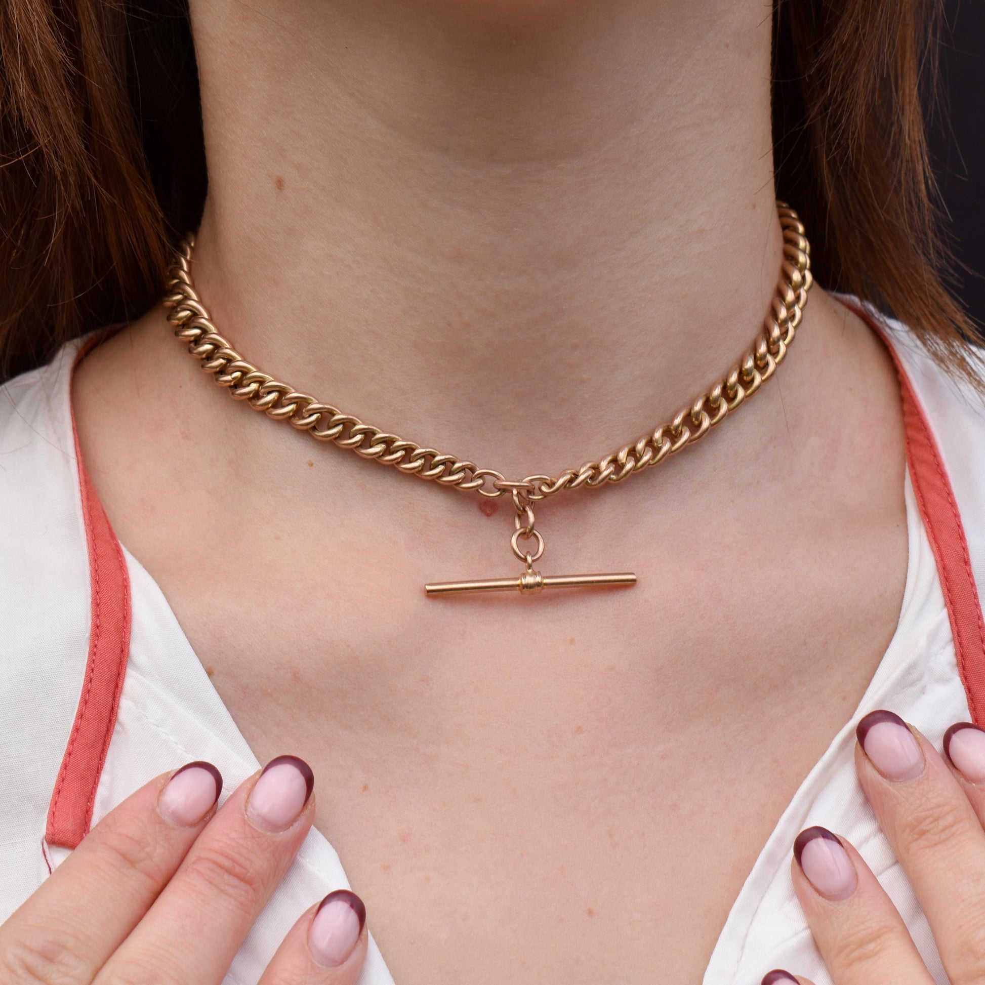 Antique 9ct Gold Graduated Curb Link Double Albert Watch Chain Necklace with T-bar - 14"