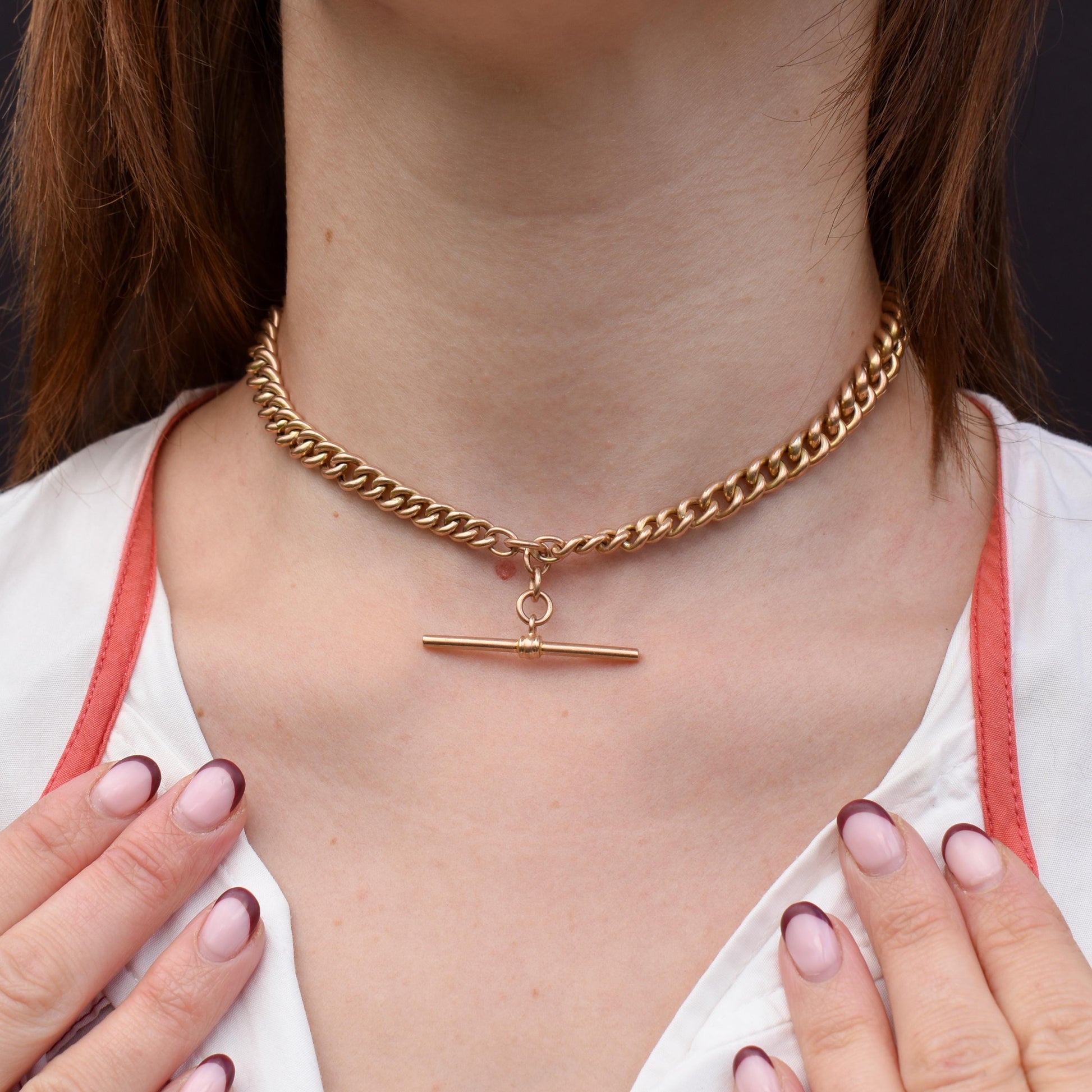 Antique 9ct Gold Graduated Curb Link Double Albert Watch Chain Necklace with T-bar - 14"