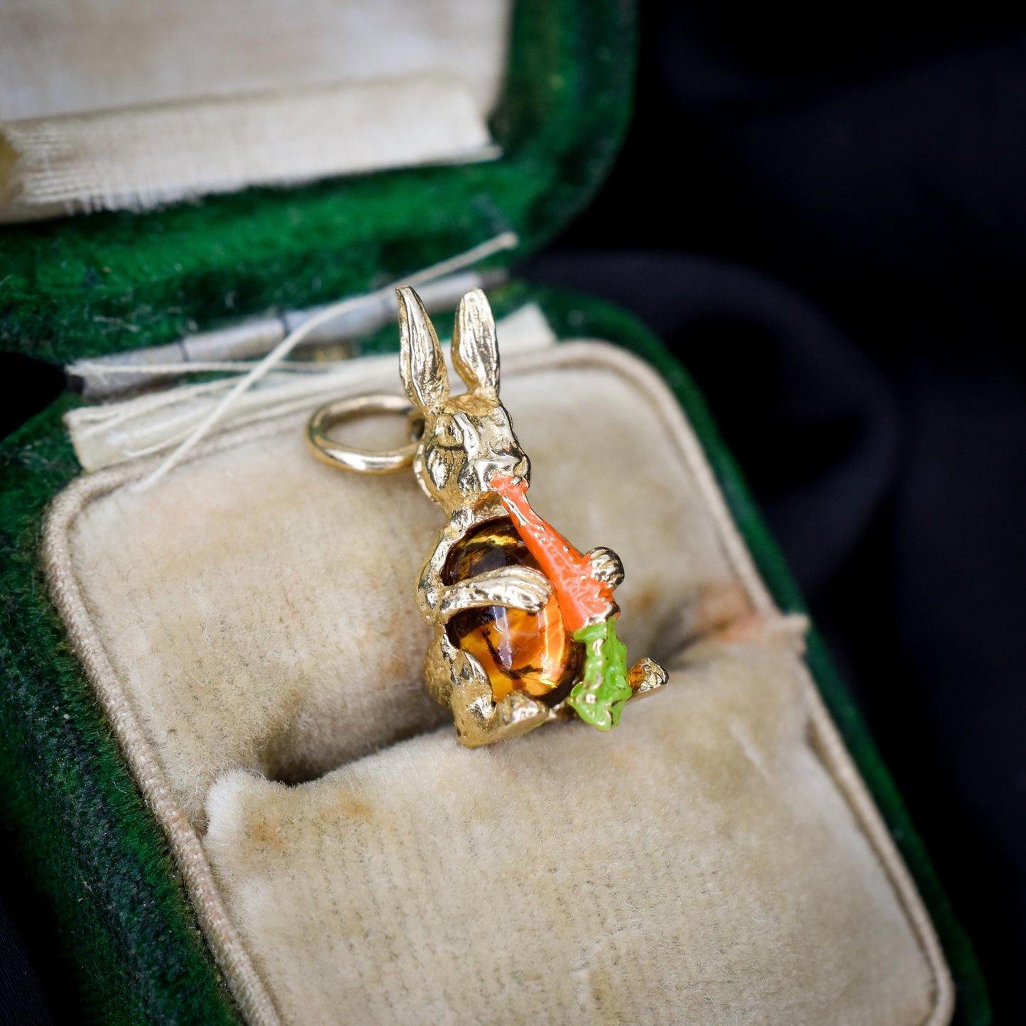 Vintage Rabbit Bunny Enamel Carrot 9ct Yellow Gold Charm