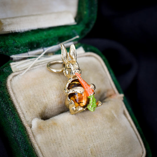 Vintage Rabbit Bunny Enamel Carrot 9ct Yellow Gold Charm