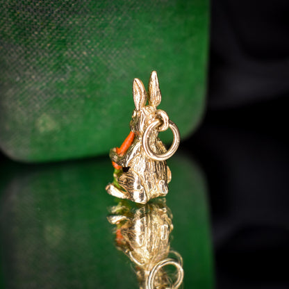 Vintage Rabbit Bunny Enamel Carrot 9ct Yellow Gold Charm