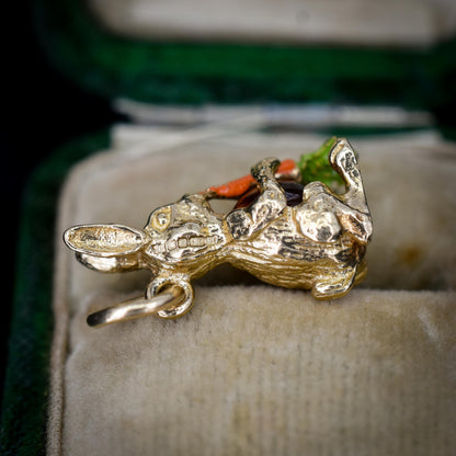 Vintage Rabbit Bunny Enamel Carrot 9ct Yellow Gold Charm