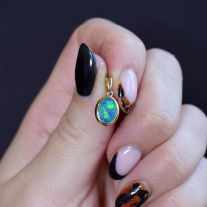Black Opal Doublet Oval Drop 9ct Yellow Gold Pendant Charm