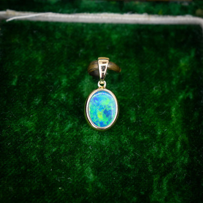 Black Opal Doublet Oval Drop 9ct Yellow Gold Pendant Charm