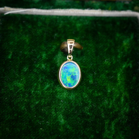 Black Opal Doublet Oval Drop 9ct Yellow Gold Pendant Charm