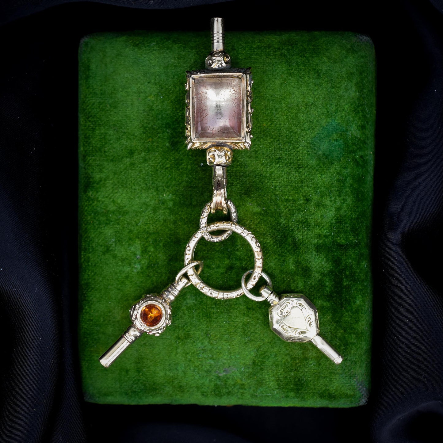 Antique Gold Cased Trio of Fobs Charms on Split Ring