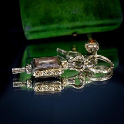 Antique Gold Cased Trio of Fobs Charms on Split Ring