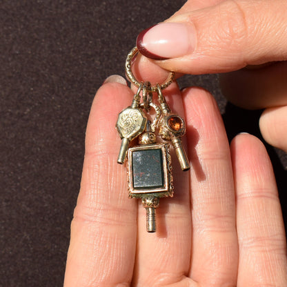 Antique Gold Cased Trio of Fobs Charms on Split Ring