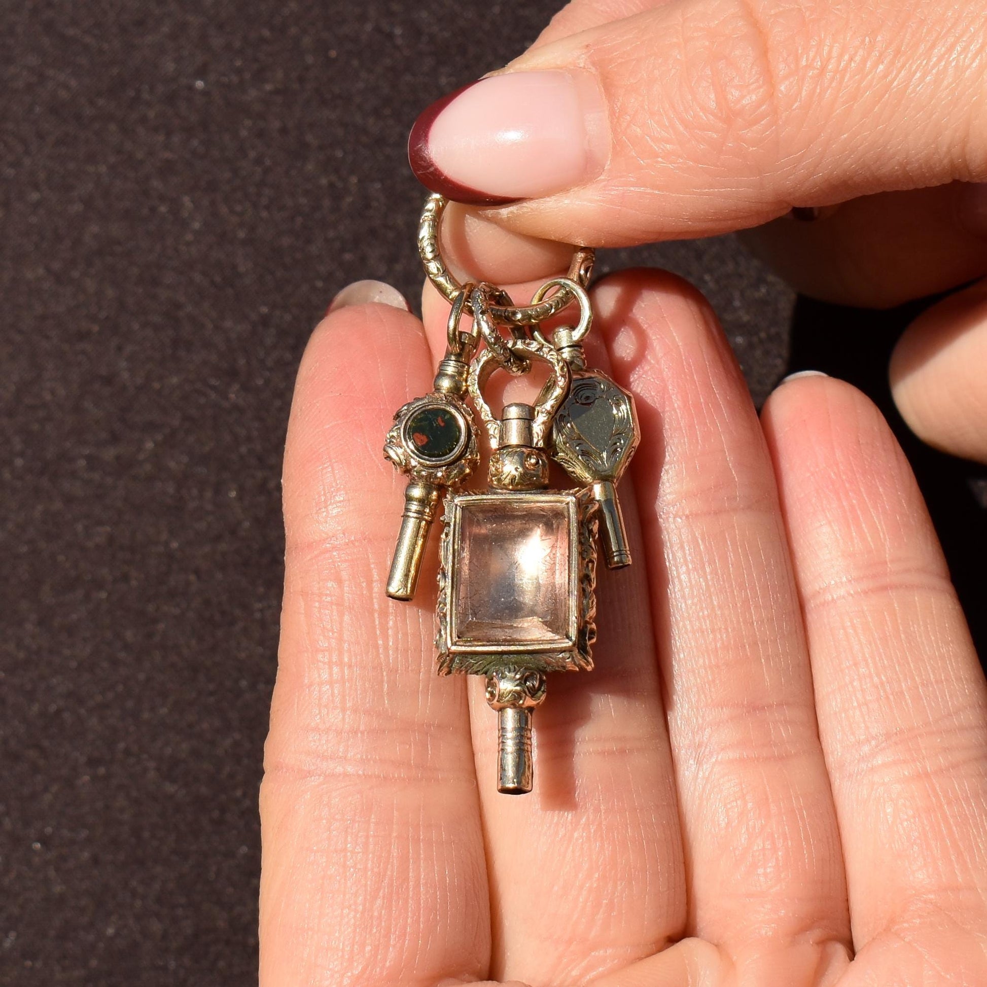 Antique Gold Cased Trio of Fobs Charms on Split Ring