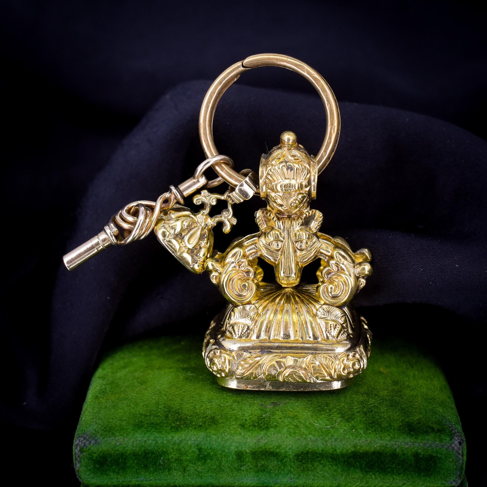 Antique Gold Cased Trio of Intaglio Fobs Charm with Split Ring