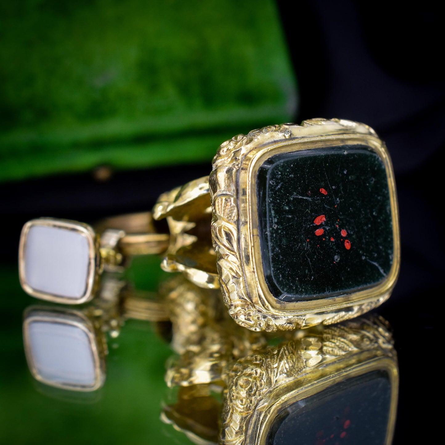 Antique Gold Cased Trio of Intaglio Fobs Charm with Split Ring