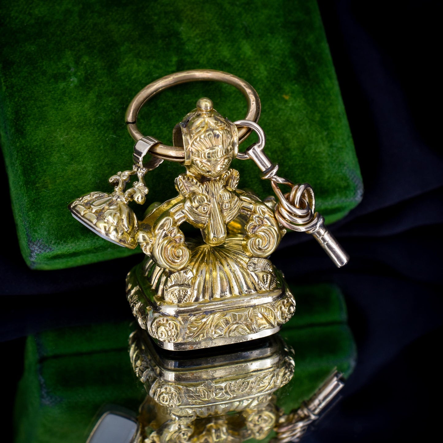 Antique Gold Cased Trio of Intaglio Fobs Charm with Split Ring