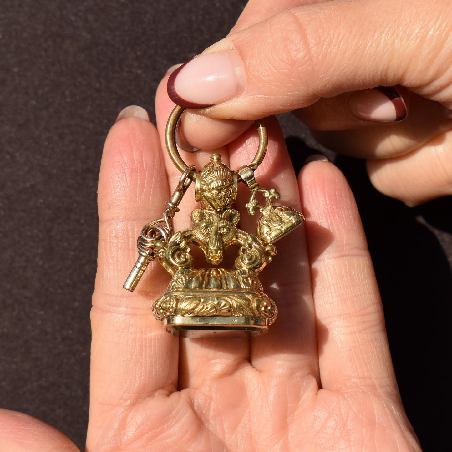 Antique Gold Cased Trio of Intaglio Fobs Charm with Split Ring