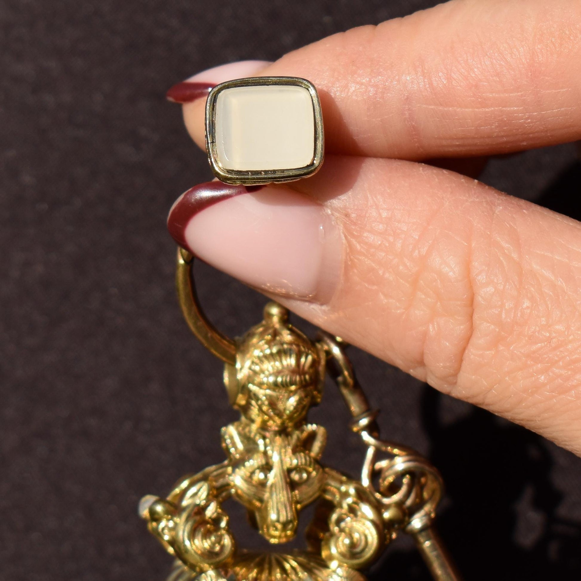 Antique Gold Cased Trio of Intaglio Fobs Charm with Split Ring