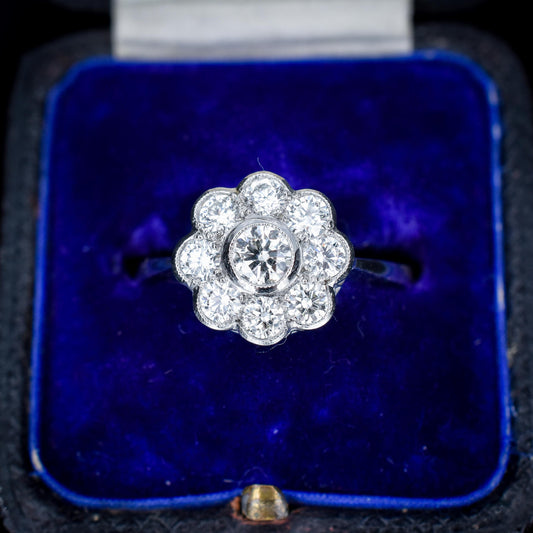 1.0ct Diamond Daisy Cluster Halo Platinum Ring | Antique Style