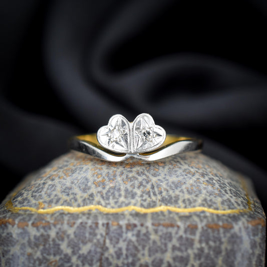 Antique Diamond Double Heart 18ct Gold and Platinum Ring