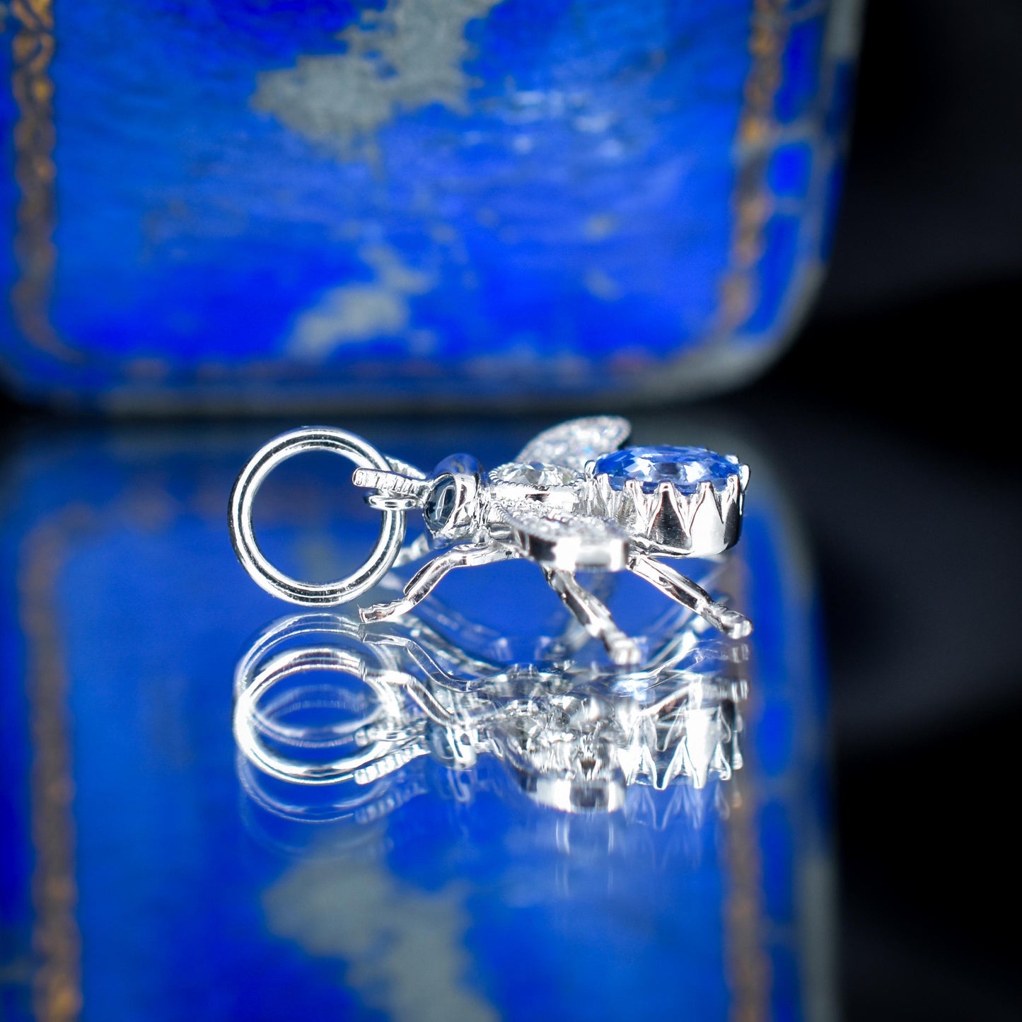 Ceylon Sapphire and Diamond Platinum Insect Bee Pendant
