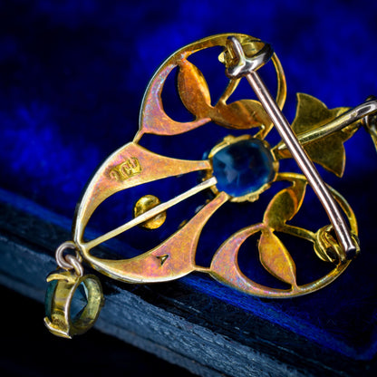 Antique Edwardian Blue Paste 9ct Gold Pendant and Chain Necklace | 15" Length