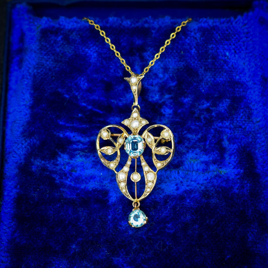 Antique Edwardian Blue Paste 9ct Gold Pendant and Chain Necklace | 15" Length