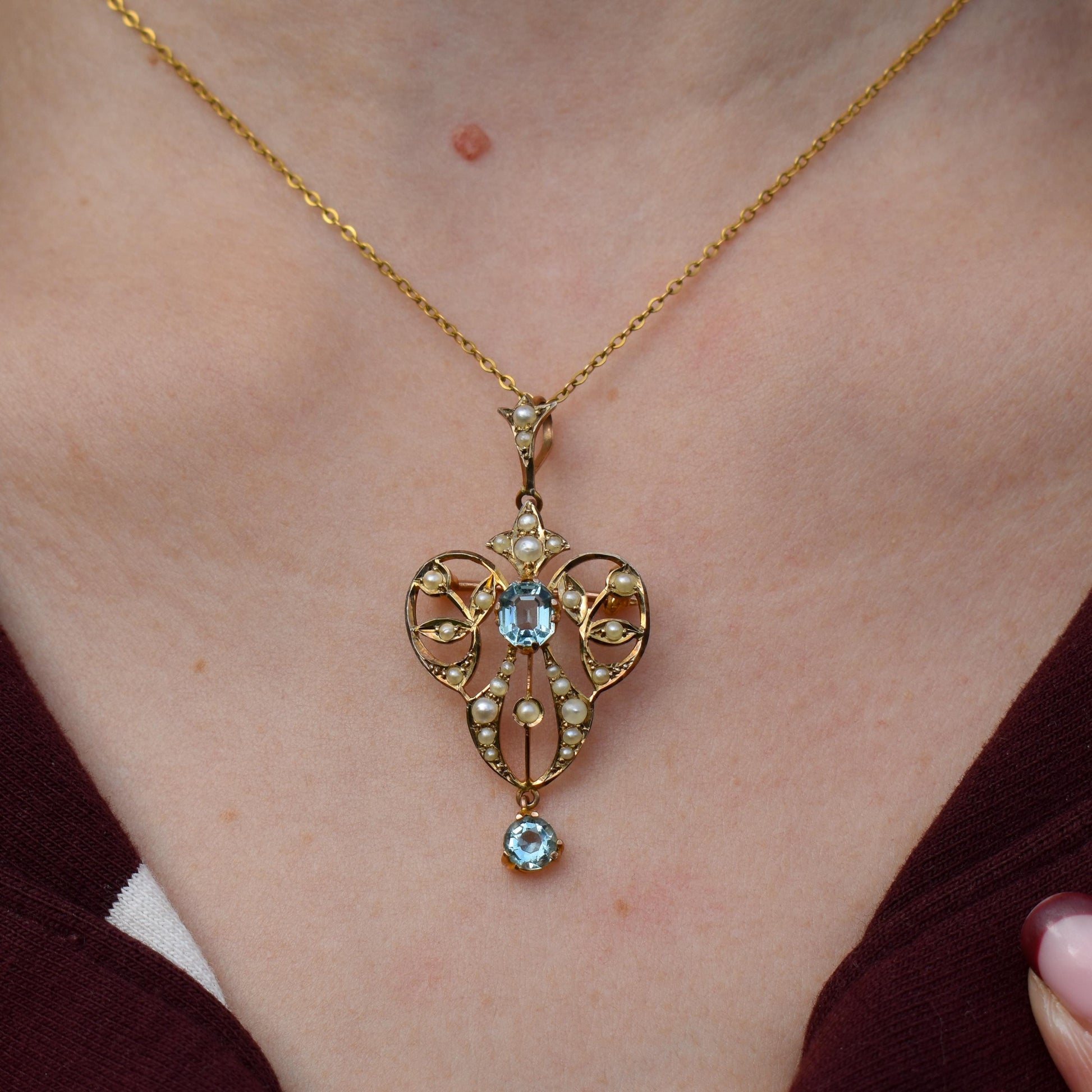 Antique Edwardian Blue Paste 9ct Gold Pendant and Chain Necklace | 15" Length