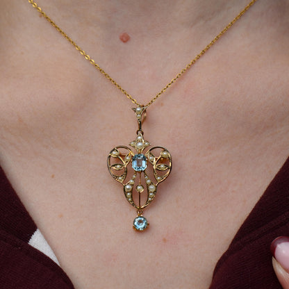 Antique Edwardian Blue Paste 9ct Gold Pendant and Chain Necklace | 15" Length