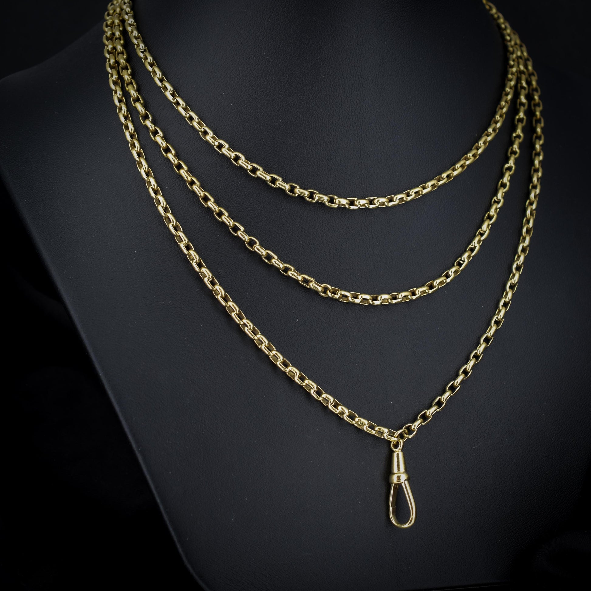 Antique Long Faceted Belcher Rolled Gold Guard Muff Chain Necklace | 52" Length with Dog Clip