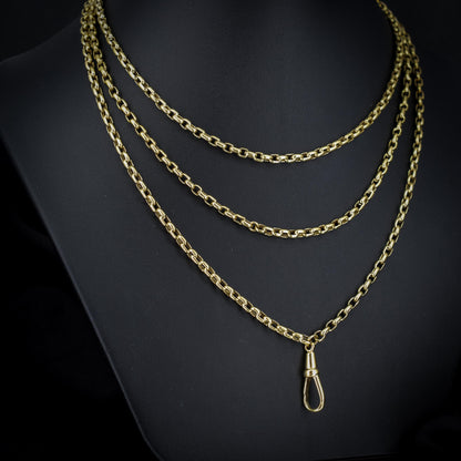 Antique Long Faceted Belcher Rolled Gold Guard Muff Chain Necklace | 52" Length with Dog Clip