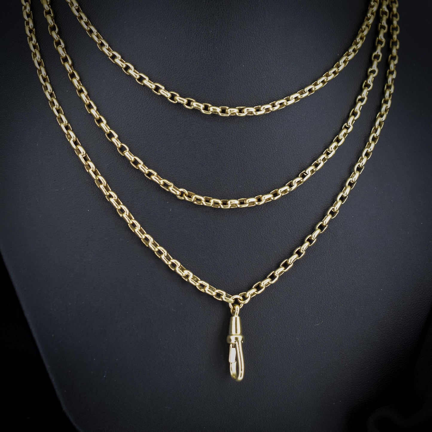 Antique Long Faceted Belcher Rolled Gold Guard Muff Chain Necklace | 52" Length with Dog Clip