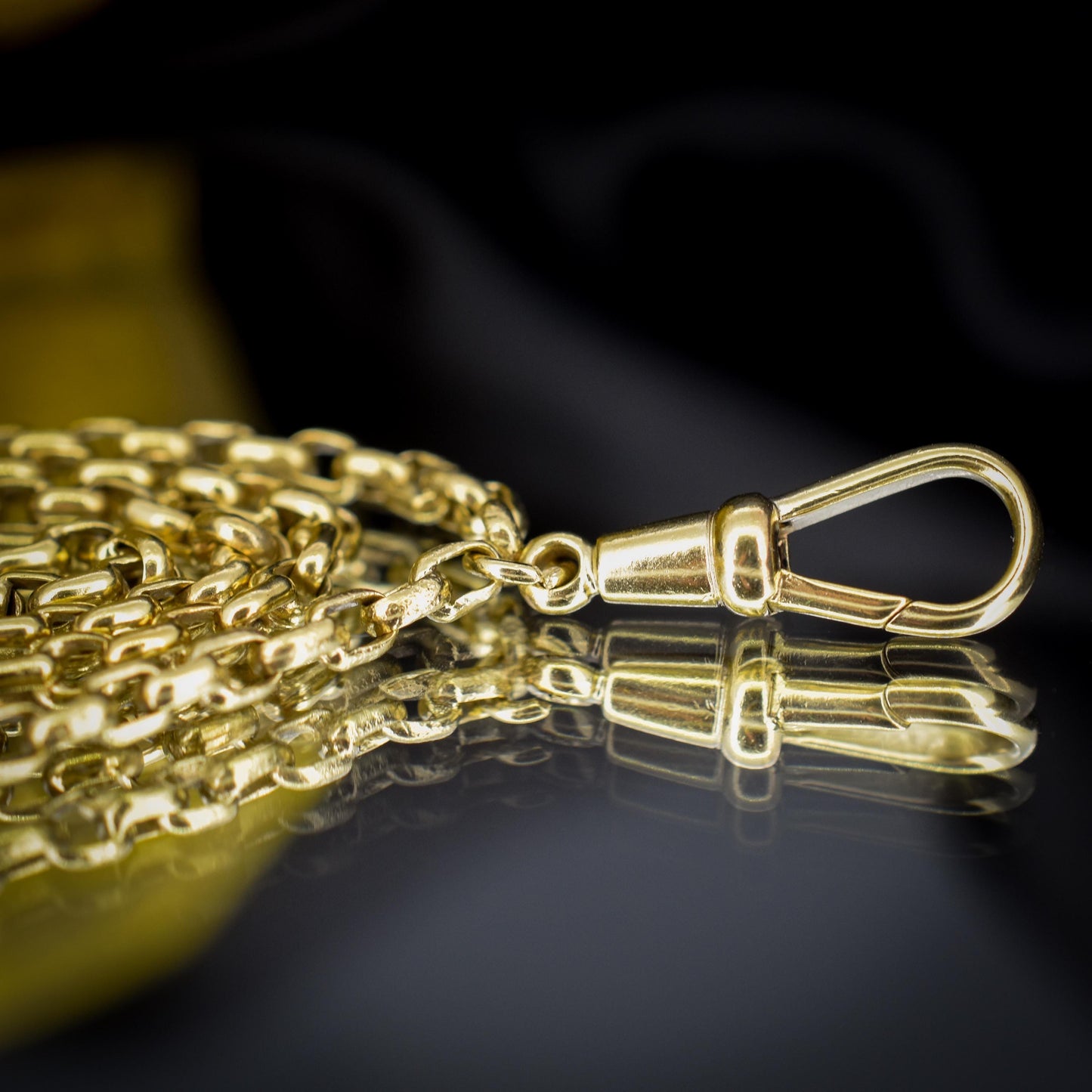 Antique Long Faceted Belcher Rolled Gold Guard Muff Chain Necklace | 52" Length with Dog Clip