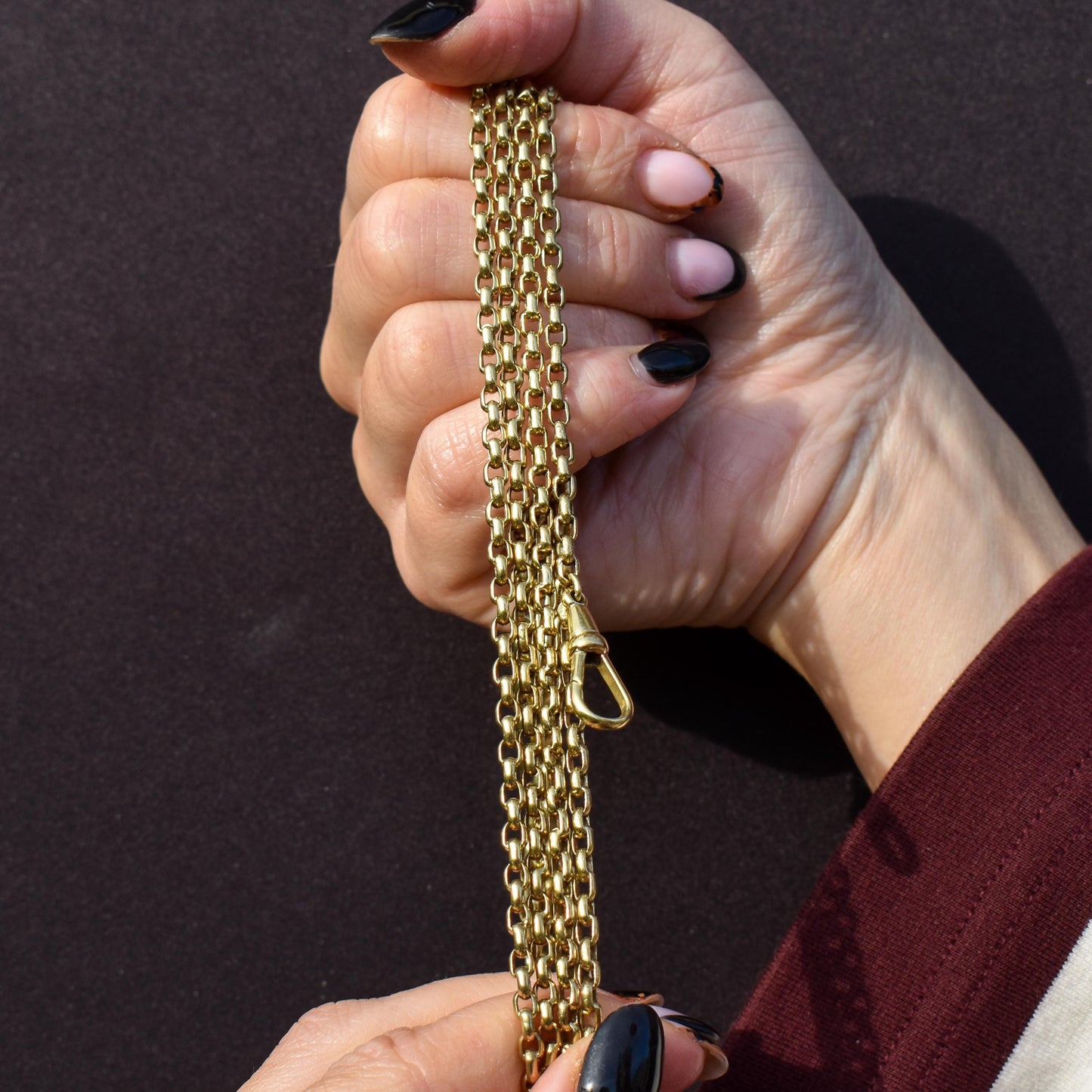 Antique Long Faceted Belcher Rolled Gold Guard Muff Chain Necklace | 52" Length with Dog Clip