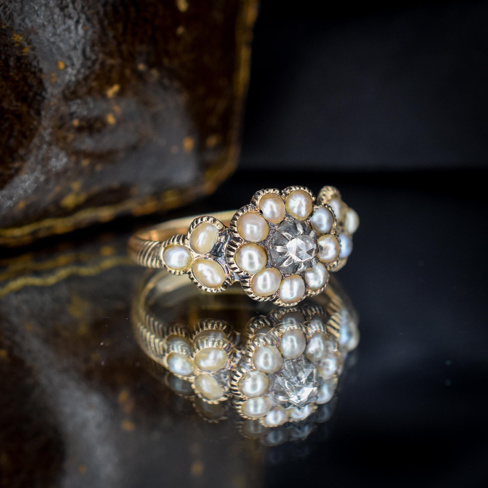 Antique Georgian Pearl and Rose Cut Diamond 15ct Gold Ring